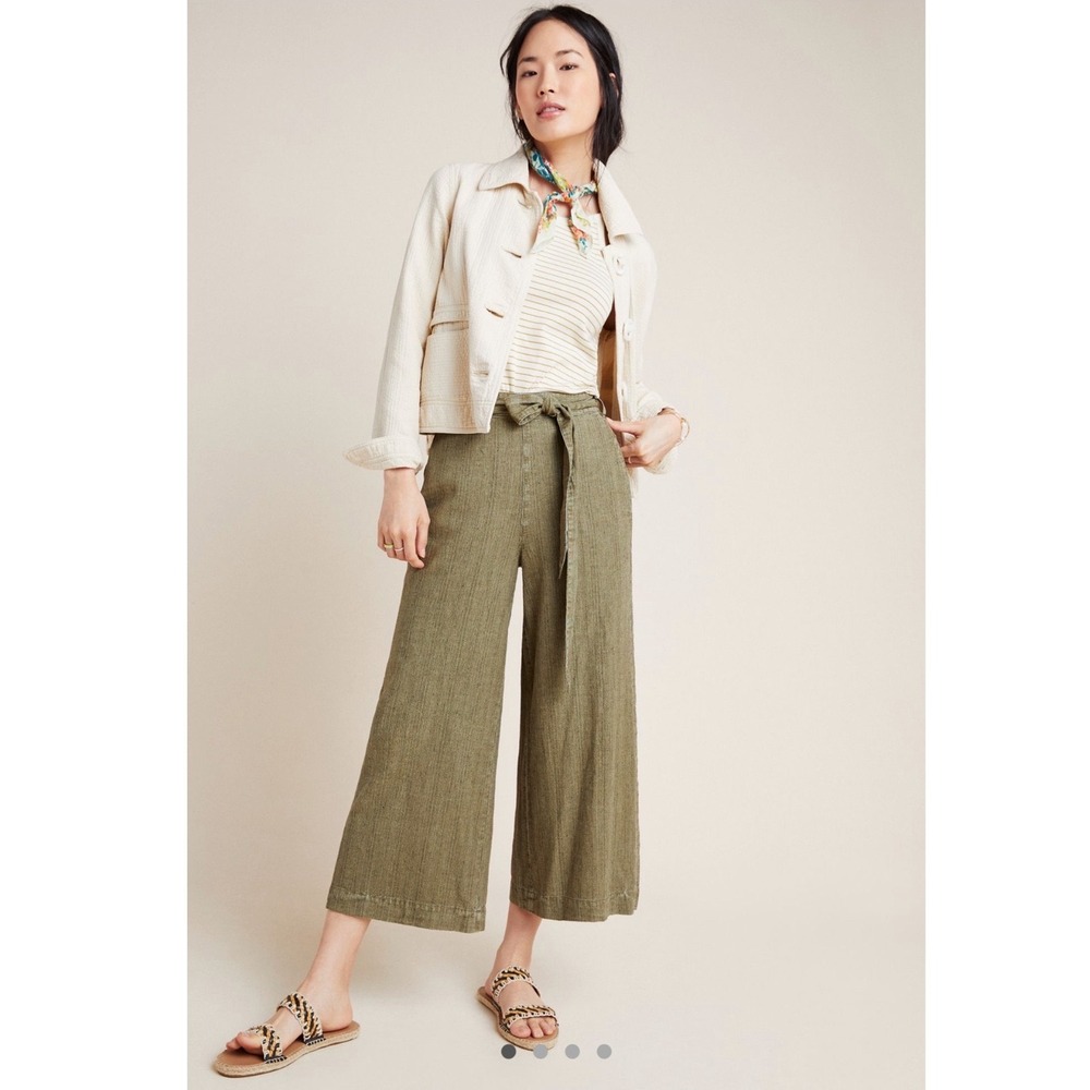 Anthro Linen Wide Leg Pants Olive Green Crop Tie Waist Boho Coastal M